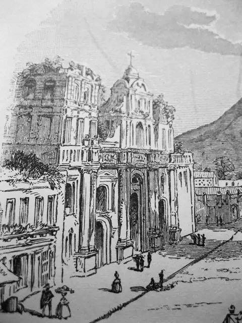 Dibujo de la Catedral de Santiago y Parroquia de San José en Antigua Guatemala en 1850, aproximadamente. Fotografía de Miguel Alfredo Álvarez Arévalo.